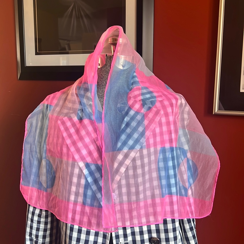 13.5” by 47” circles and square motif hot pink and blue head scarf